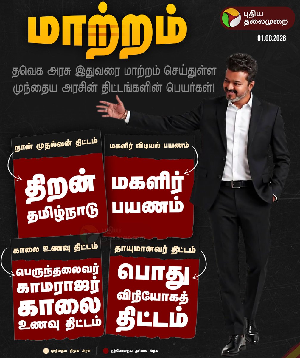 PttvNewsX's tweet photo. தவெக அரசு இதுவரை மாற்றம் செய்துள்ள முந்தைய அரசின் திட்டங்களின் பெயர்கள்!

#TVK | #CMVijay | #DMK | #MKStalin | #TNGovt | #Puthiyathalaimurai https://t.co/spGOzzjgvs