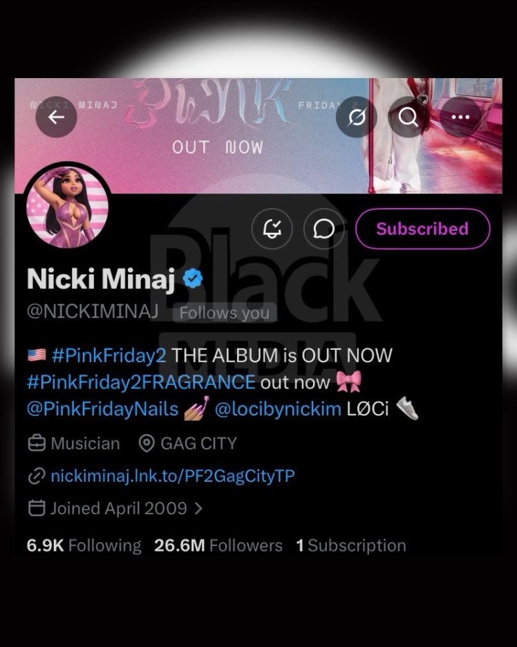 BlackMedia___'s tweet photo. ICONIC MOVE!

Nicki Minaj has officially launched X Subscriptions. Fans can now subscribe to her account for exclusive content and perks. https://t.co/117RZQhXdV