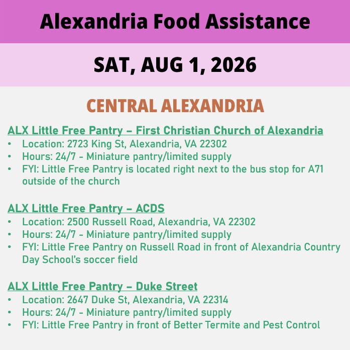 hungerfreealx's tweet photo. (2/2) On Saturday August 1, here are available locations for food assistance. Everybody deserves to eat. #help #find #food #alexandria #alexandriava https://t.co/ZjLR9Fd0dp