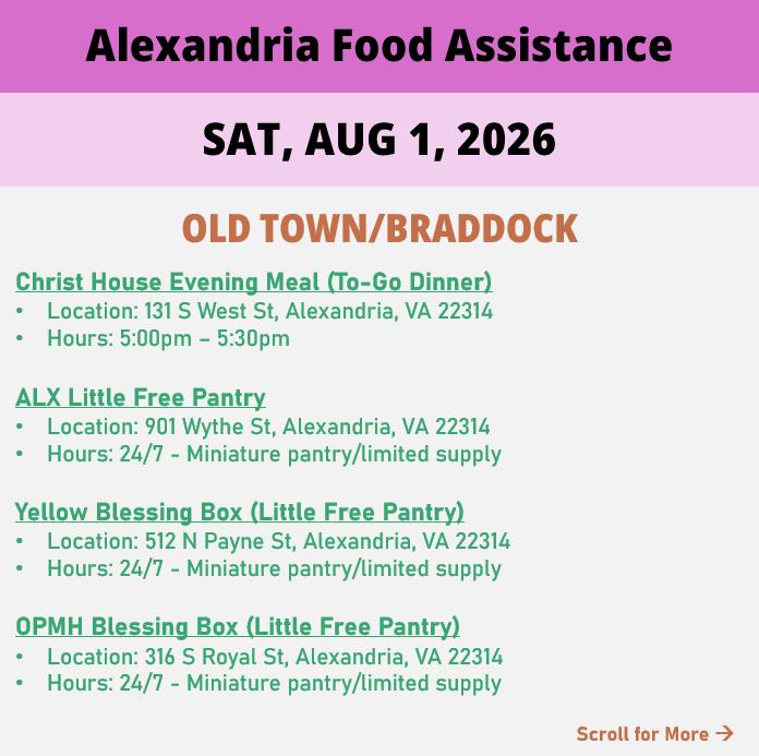 hungerfreealx's tweet photo. (2/2) On Saturday August 1, here are available locations for food assistance. Everybody deserves to eat. #help #find #food #alexandria #alexandriava https://t.co/ZjLR9Fd0dp