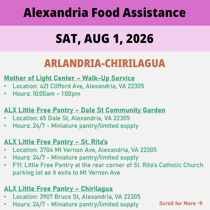 hungerfreealx's tweet photo. (1/2) On Saturday August 1, here are available locations for food assistance. Everybody deserves to eat. #help #find #food #alexandria #alexandriava https://t.co/zqdNmEJ6OS