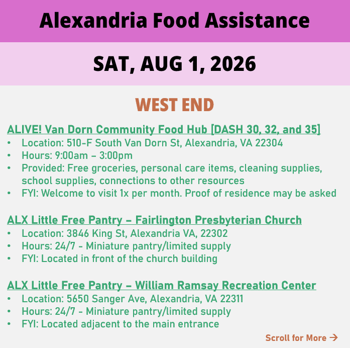 hungerfreealx's tweet photo. (1/2) On Saturday August 1, here are available locations for food assistance. Everybody deserves to eat. #help #find #food #alexandria #alexandriava https://t.co/zqdNmEJ6OS