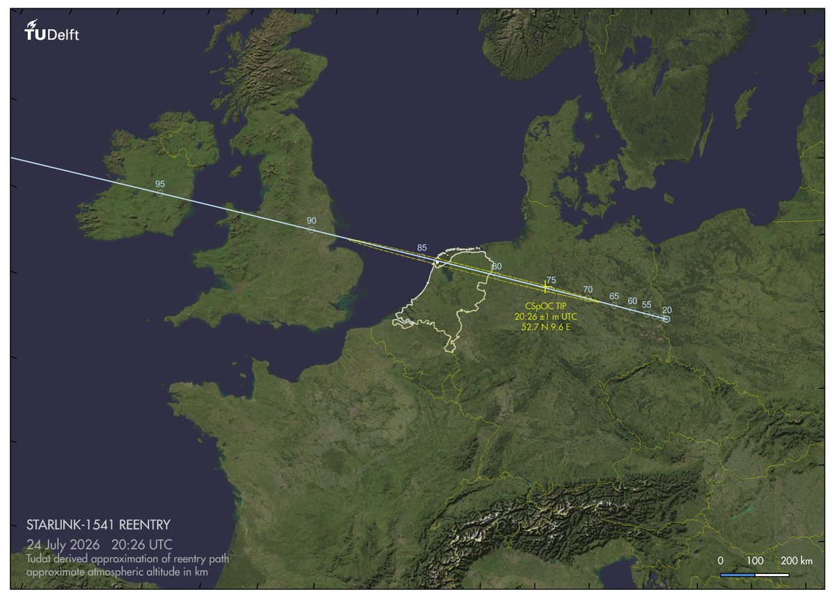 Marco_Langbroek's tweet photo. Using our #Tudat (TU Delft Astrodynamics Toolbox), this is the approximate #reentry trajectory I get for #Starlink-1541 which reentered over the northern Netherlands a week ago (24 July, 20:26 UTC). I observed it from Oudeschild, Texel. https://t.co/kBoJhW4XIT