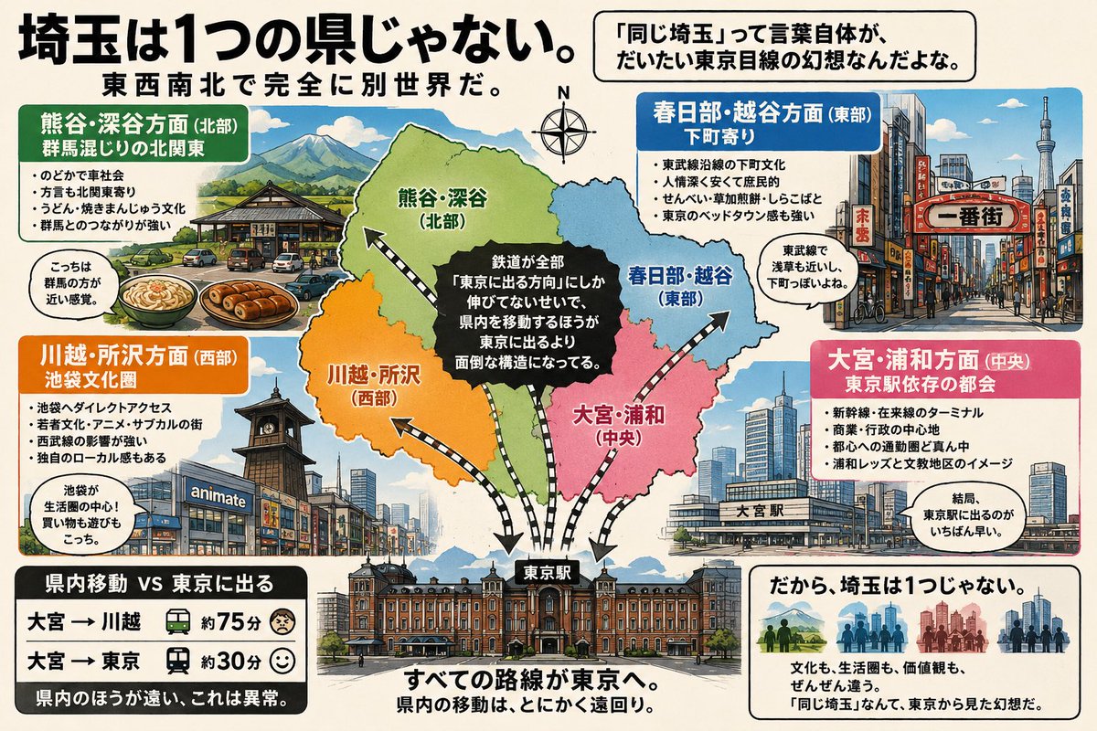 aa_kamimura's tweet photo. 埼玉は1つの県じゃない。

東西南北で完全に別世界だ。

大宮・浦和は東京駅依存の都会。
川越・所沢は池袋文化圏。
春日部・越谷は下町寄り。
熊谷・深谷方面は群馬混じりの北関東。

鉄道が全部「東京に出る方向」にしか伸びてないせいで、
県内を移動するほうが東京に出るより面倒な構造になってる。

だから「同じ埼玉」って言葉自体が、だいたい東京目線の幻想なんだよな。
