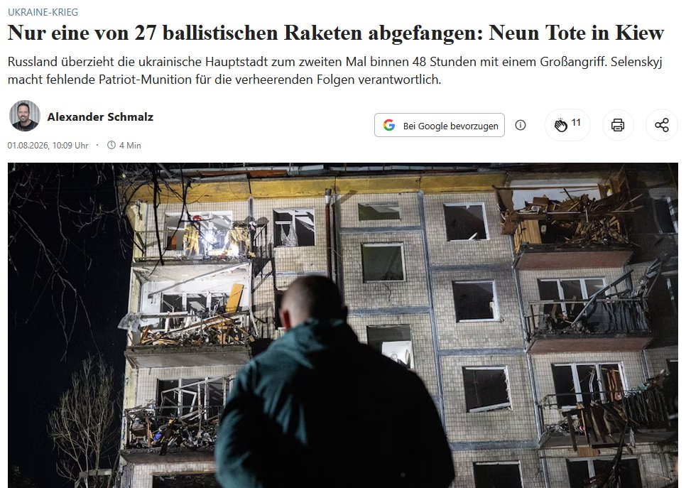 PeterBorbe's tweet photo. Wenn 26 ballistische Raketen durchkommen und es dabei 9 Tote gibt, ist das tragisch, es beweist aber auch eins: Das Propagandanarrativ, die Russen führten einen "Vernichtungskrieg" und greifen gezielt zivile Ziele an, ist nicht haltbar. Wäre dem so gäbe es bei 26 Raketentreffern Hunderte Tote, das kennen wir von anderen Kriegsschauplätzen. Offenbar wurden militärische Ziele getroffen, und zwar ziemlich exakt.