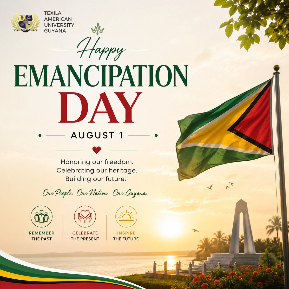 Sajubh's tweet photo. HAPPY EMANCIPATION DAY

we honour the courage, resilience, and freedom that shaped Guyana’s history.  May we continue to celebrate our heritage, cherish our unity, and build a future filled with hope and opportunity. 

#TexilaAmericanUniversity #EmacipationDay  #OneGuyana https://t.co/ZHGQffBkfY