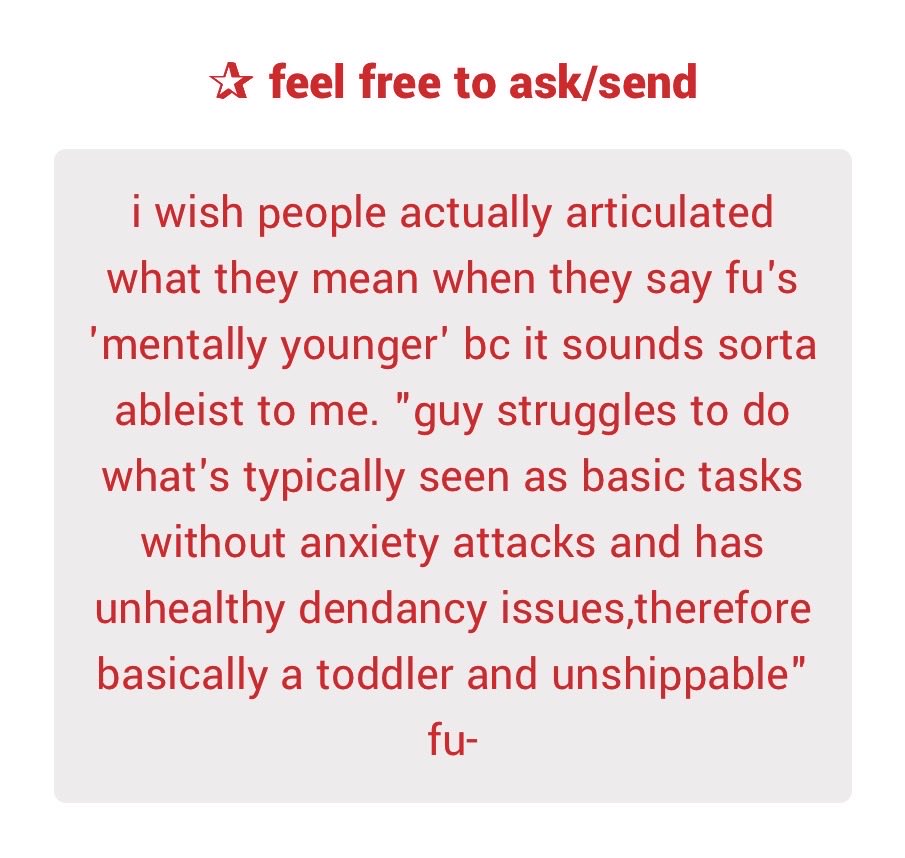 pluralfuhii's tweet photo. yeah I’ve actually spoke about this on my priv before, it does come off as ableist to me too 😞 and i agree with fu regressing !! i always thought he acted more childish as a result of coping with his trauma https://t.co/TL5mnuFDGb