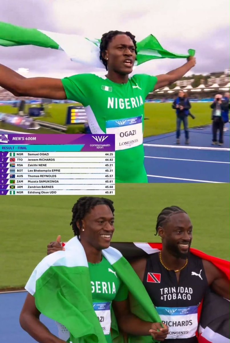 SundayDareSD's tweet photo. GOLD ALERT 

Nigeria's Samuel Ogazi has won Nigeria's 10th Gold medal at the 2026 Commonwealth Games in the Men's 400m 

#TeamNigeria #soarNaija #CWG2026 https://t.co/Cxz9nQhg5Z