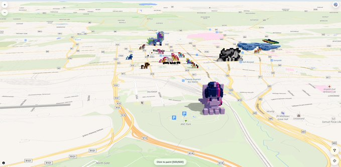 DarthMiaul's tweet photo. They just made a 3D version of wplace from reddit

it's called "3place"

the goal is to let communities build giant 3D memes together while asking for donations to support artists

https://t.co/JSzGDKUM0X https://t.co/3nunHU09h8