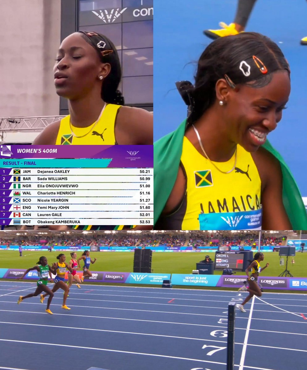 TrackGazette's tweet photo. Dejanea Oakley 🇯🇲 is the Commonwealth Games 400m Champion!

She ran away with the win, clocking a time of 50.21s ahead of defending champion Sada Williams 🇧🇧 who won Silver in 50.99s.

Ella Onojuvwevwo 🇳🇬 ran 51.00s for the Bronze. https://t.co/SDxJUcRgaX