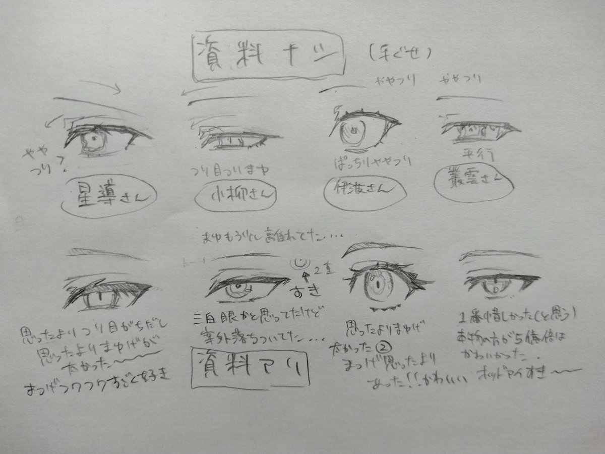 Chami_ehehehe's tweet photo. 自分の中での解像度を上げるために、資料有り無しでﾃﾞﾃｶの皆さんのおめめを描いたり…した…(汚文字注意)
資料アリはほぼ模写もどきです https://t.co/b2qTIIqSEY