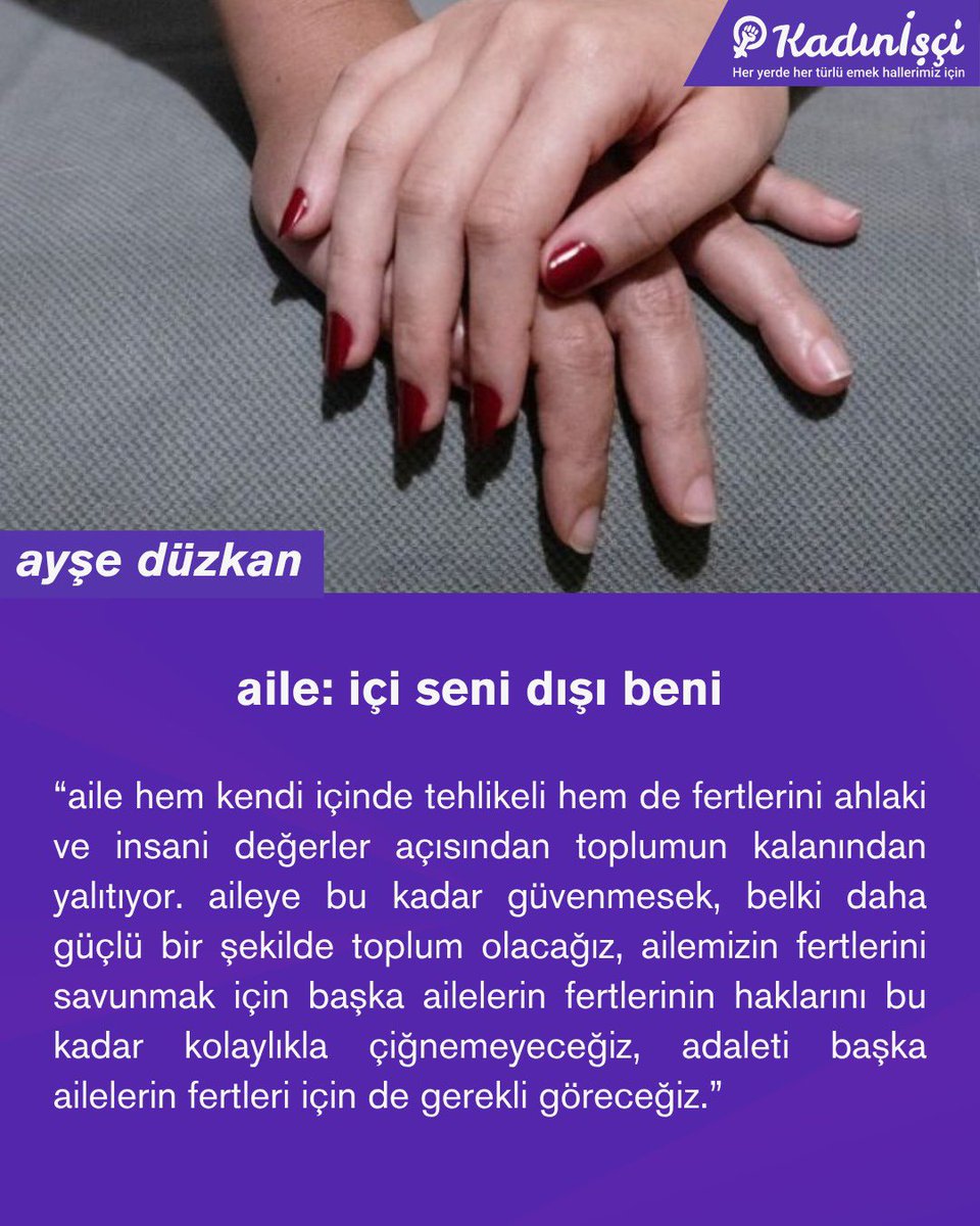 kadin_isci's tweet photo. "iktidarın aile propagandasını, aile dayatmasını bu açıdan düşünmek gerek. aile, bizi toplumsal olanı anlamaktan, onu değiştirme ihtiyacından uzak tutmanın bir aracı."

ayşe düzkan (@ayseduzka), Ahmet Yıldız ve Gülistan Doku cinayetleri üzerinden karanlık suçları ve suç ortaklıklarıyla aileyi yazdı.  

https://t.co/0XQLKYcTWG