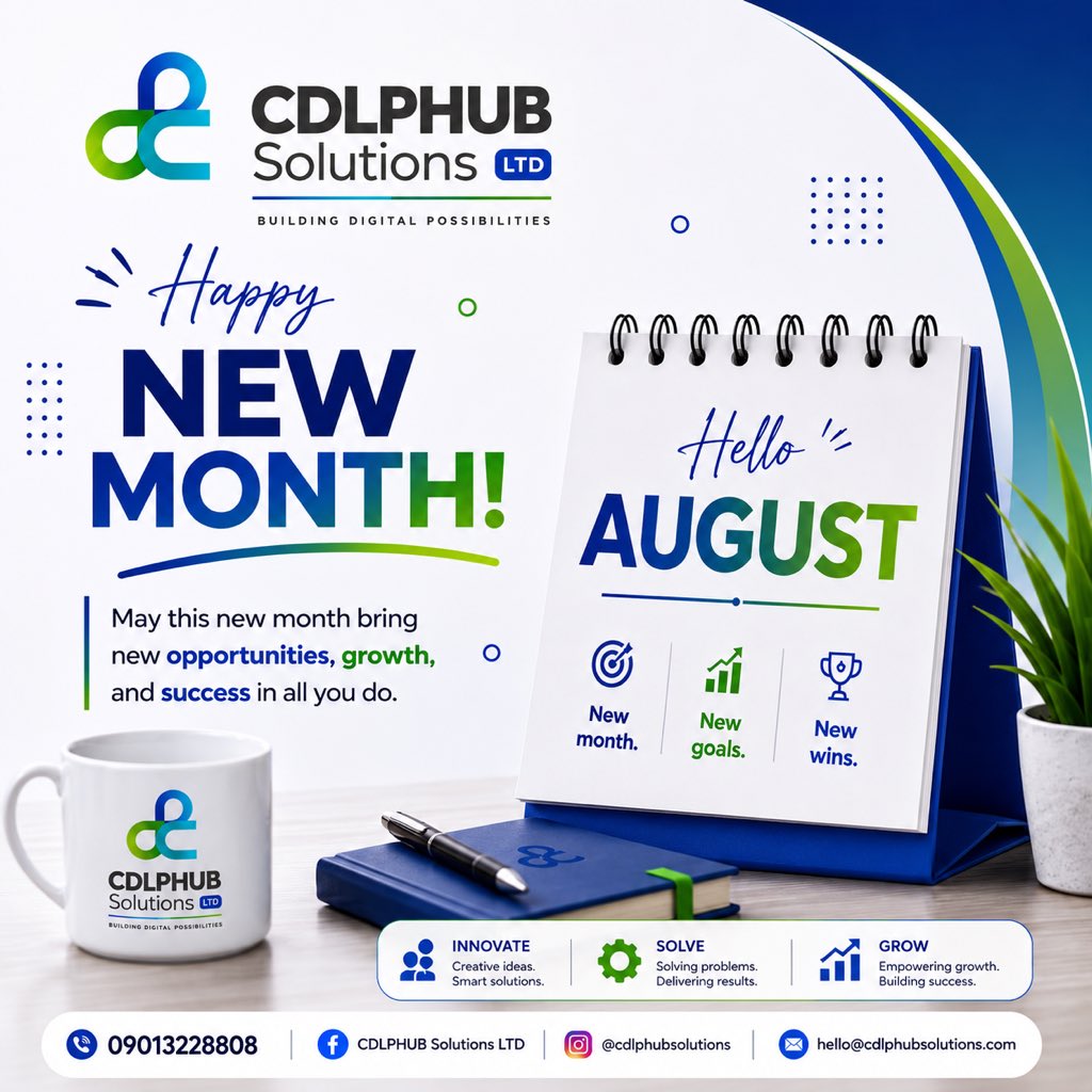 cdlphubsolution's tweet photo. ✨ Hello, August!

New month. New goals. New opportunities.

Wishing you a month filled with growth and success.

Happy New Month from CDLPHUB Solutions LTD! 💙💚

#HelloAugust #HappyNewMonth https://t.co/UKFtPEc5rg