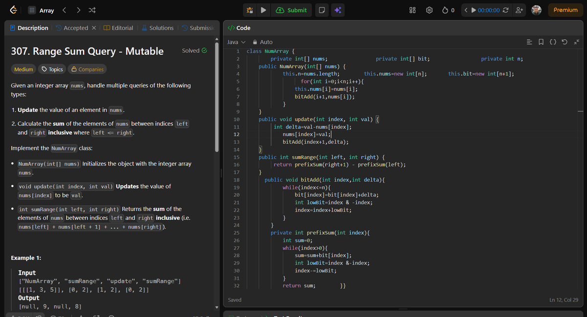 Ankitdotdev's tweet photo. Day 192/365 of the DSA grind! Range Sum Queries & Fenwick Trees: 
• Range Sum 1D (Immutable): Standard Prefix Sum array for O(1) queries. 
• Range Sum 2D (Immutable): Built a 2D Prefix Matrix using the Inclusion-Exclusion principle for O(1) rectangle sums! 
• Range Sum (Mutable): Implemented a Binary Indexed Tree (Fenwick Tree) using index & -index to achieve O(log N) updates AND queries!

#DSA #Java #100DaysOfCode #LeetCode #PrefixSum #FenwickTree