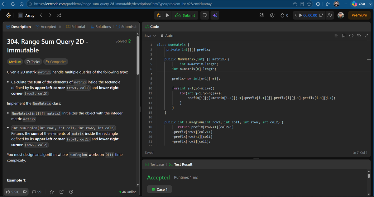 Ankitdotdev's tweet photo. Day 192/365 of the DSA grind! Range Sum Queries & Fenwick Trees: 
• Range Sum 1D (Immutable): Standard Prefix Sum array for O(1) queries. 
• Range Sum 2D (Immutable): Built a 2D Prefix Matrix using the Inclusion-Exclusion principle for O(1) rectangle sums! 
• Range Sum (Mutable): Implemented a Binary Indexed Tree (Fenwick Tree) using index & -index to achieve O(log N) updates AND queries!

#DSA #Java #100DaysOfCode #LeetCode #PrefixSum #FenwickTree