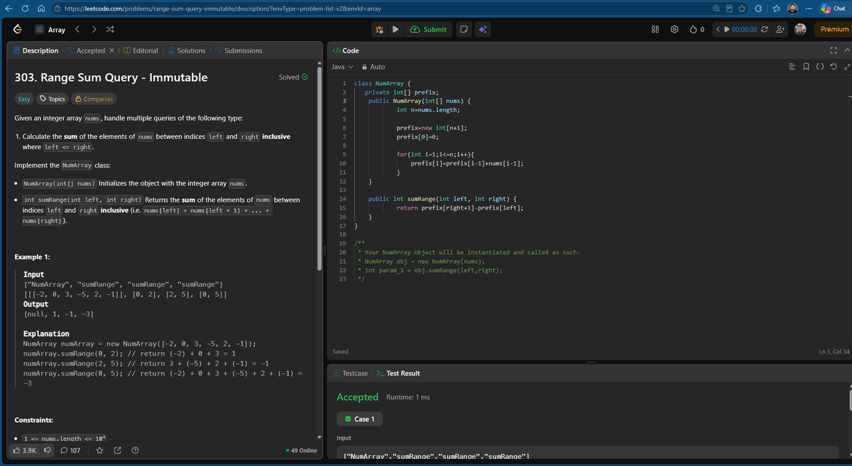 Ankitdotdev's tweet photo. Day 192/365 of the DSA grind! Range Sum Queries & Fenwick Trees: 
• Range Sum 1D (Immutable): Standard Prefix Sum array for O(1) queries. 
• Range Sum 2D (Immutable): Built a 2D Prefix Matrix using the Inclusion-Exclusion principle for O(1) rectangle sums! 
• Range Sum (Mutable): Implemented a Binary Indexed Tree (Fenwick Tree) using index & -index to achieve O(log N) updates AND queries!

#DSA #Java #100DaysOfCode #LeetCode #PrefixSum #FenwickTree
