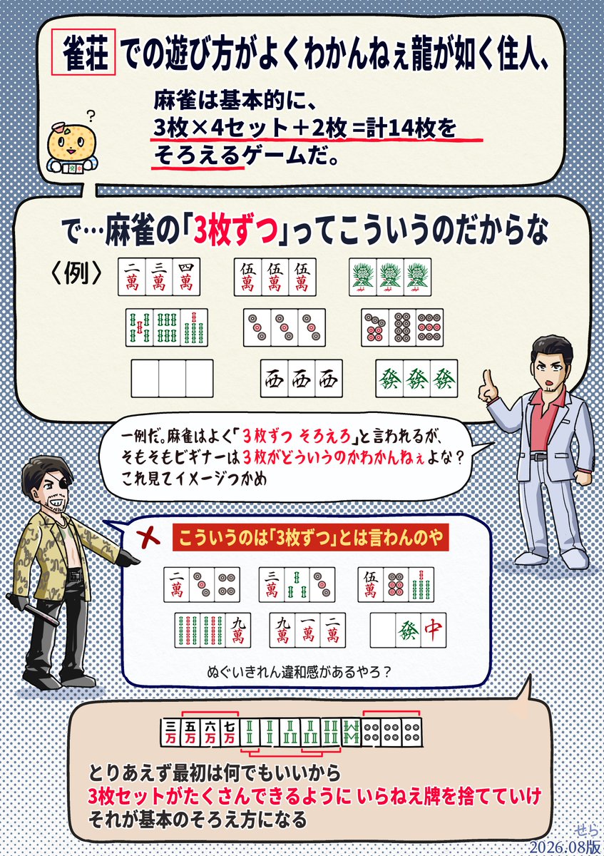 SRPH_rgg's tweet photo. 🔰龍が如く雀荘／牌のそろえ方（再掲：ver.5ぐらい？）
右も左も全くわからないビギナーさん向けです

•ルール設定とかコマンドの扱い→リプに補足続く

役作りでわからない事、知りたい事あったらこの投稿にリプどうぞ
夜間にお返事します（8月5日夜まで）
#麻雀の日 https://t.co/EybhEIcj47