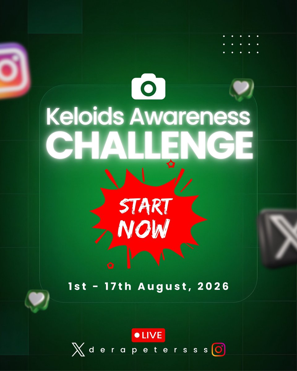derapeterssss's tweet photo. We’ve started. And we need YOU. 🙏❤️
The Keloids Awareness Challenge is live.

This is your safe space to share, learn, and encourage.
Record a video answering the questions on the flyer. Share your thoughts, your experience, or a kind word.

Let’s break the silence together. https://t.co/yiKLxkyQ9w