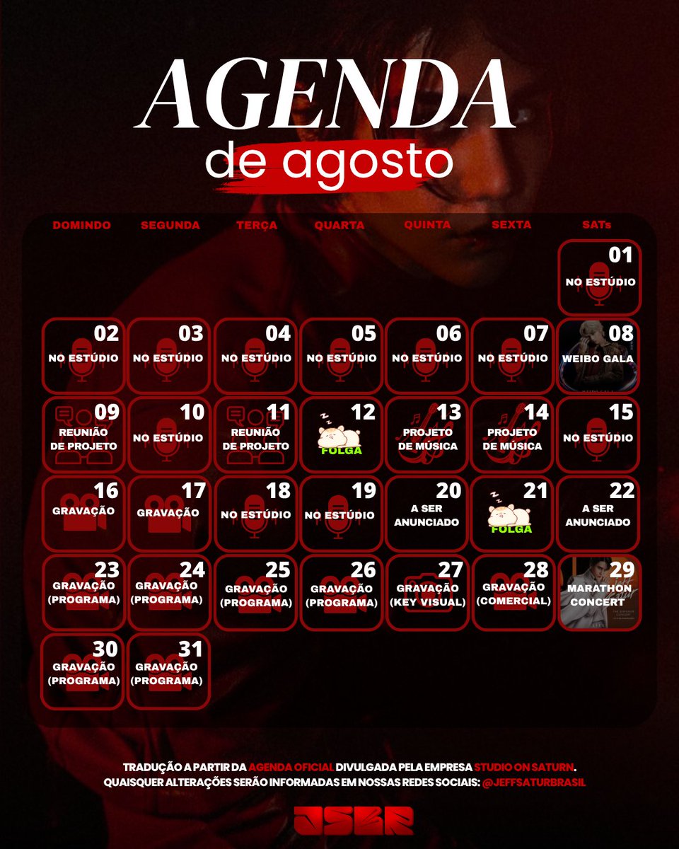 jeffsaturbrasil's tweet photo. AGENDA DE AGOSTO 

Confira os compromissos de #JeffSatur ao longo do mês de agosto.

#Saturdayss #StudioOnSaturn https://t.co/yhXKdoDWot