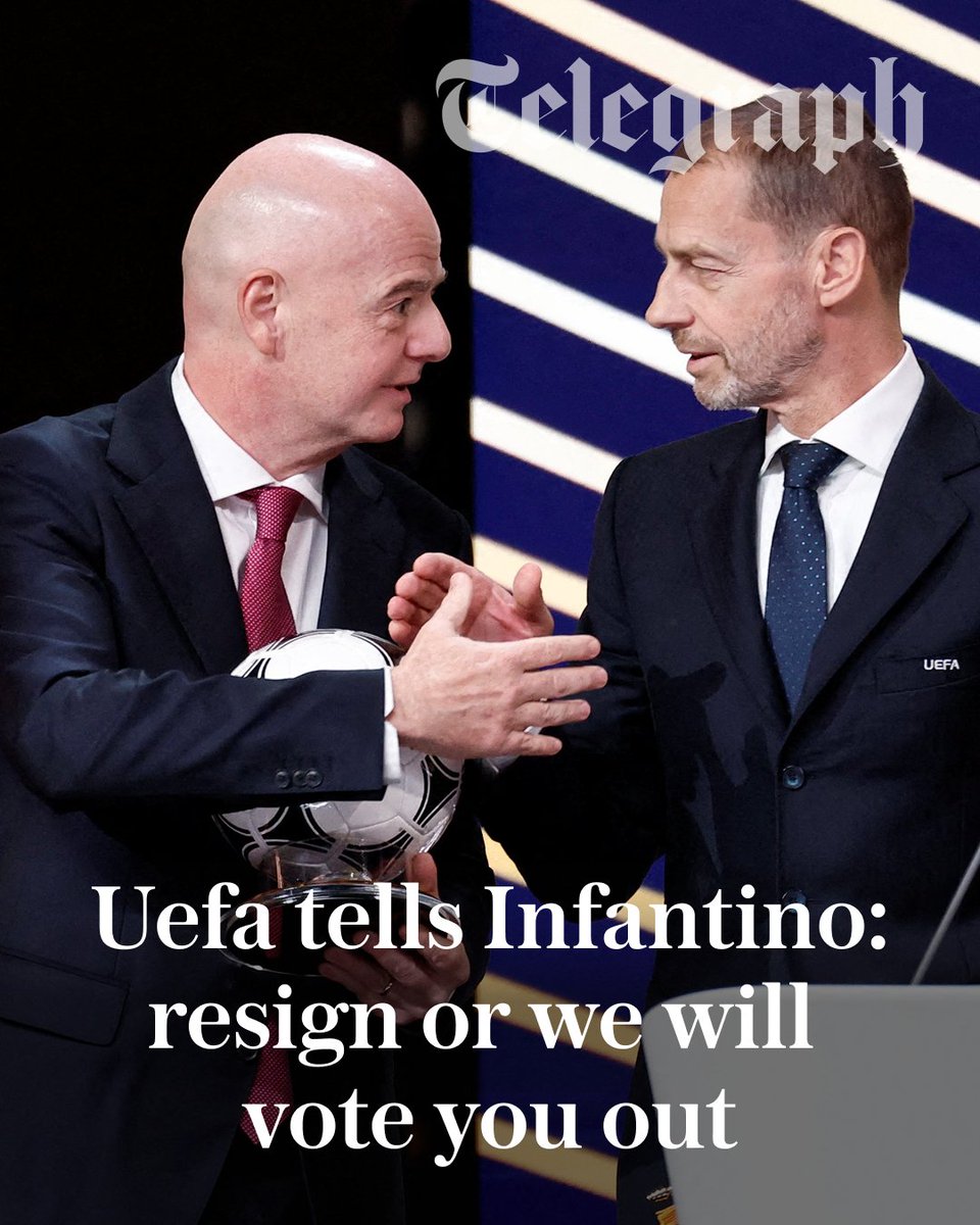 TeleFootball's tweet photo. Exclusive: Uefa tells Infantino to resign

European game’s member nations will trigger vote of no-confidence unless under fire Fifa president falls on his own sword

🔗 https://t.co/d7eqNMbxxj https://t.co/Q0WR15smll