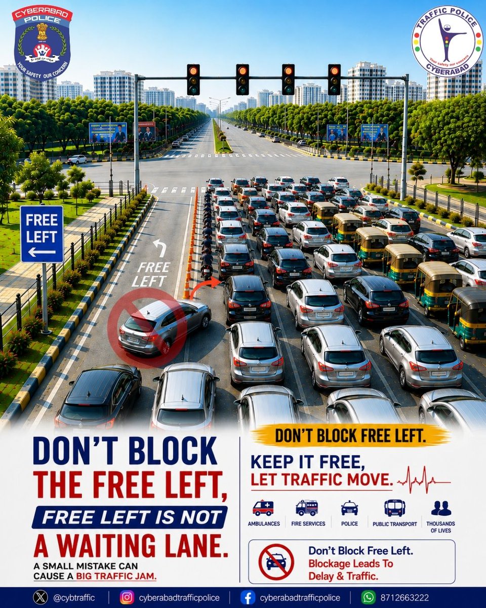 CYBTRAFFIC's tweet photo. 🚫 FREE LEFT is NOT a waiting lane.

One vehicle blocking the FREE LEFT can create a traffic jam affecting hundreds of commuters and delaying emergency services.

 DON'T BLOCK THE FREE LEFT.
One Vehicle. Hundreds Delayed.
🚑 Keep it clear.
🚗 Keep traffic moving
#dontblockfreeleft #roadsafety #cyberabadtrafficpolice
