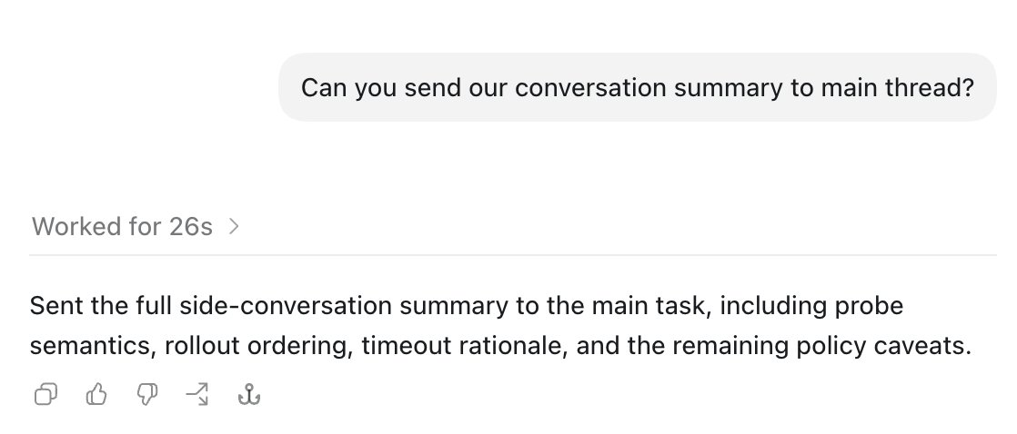 makeavish11's tweet photo. It's also possible for sidechat to send conversation summary to main thread!
Honestly @thsottiaux and team have done really great work! I wish they published more about how do they ship fast and so good. https://t.co/L3InkUhEcM