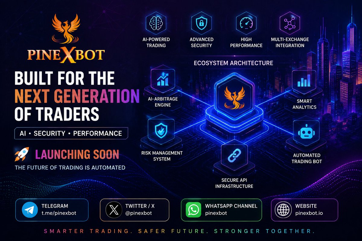 PinexBot's tweet photo. 🚀 **Built for the Next Generation of Traders.**
AI-powered automation, advanced security, and a smarter trading ecosystem. **PINEXBOT — Launching Soon.** 🔥

#Pinexbot #AITrading #CryptoTrading #Arbitrage #TradingBot #Crypto #Blockchain #Web3 #FinTech #Automation https://t.co/mSiU1I6yyy