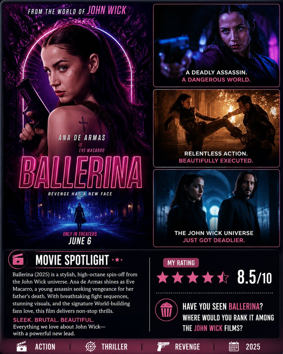 nancyjosep45957's tweet photo. 🎬 Movie Spotlight: Ballerina (2025)

If you thought the John Wick universe had already reached its peak, Ballerina proves there's still plenty of room for more stylish, hard-hitting action.

Ana de Armas shines as Eve Macarro, a deadly assassin driven by revenge. The film blends breathtaking fight choreography, stunning visuals, and nonstop intensity while expanding the world fans have come to love.

It's sleek, brutal, emotional, and packed with action from start to finish. Whether you're a longtime John Wick fan or simply enjoy well-crafted action movies, this one deserves a spot on your watchlist.

 My Rating: 8.5/10