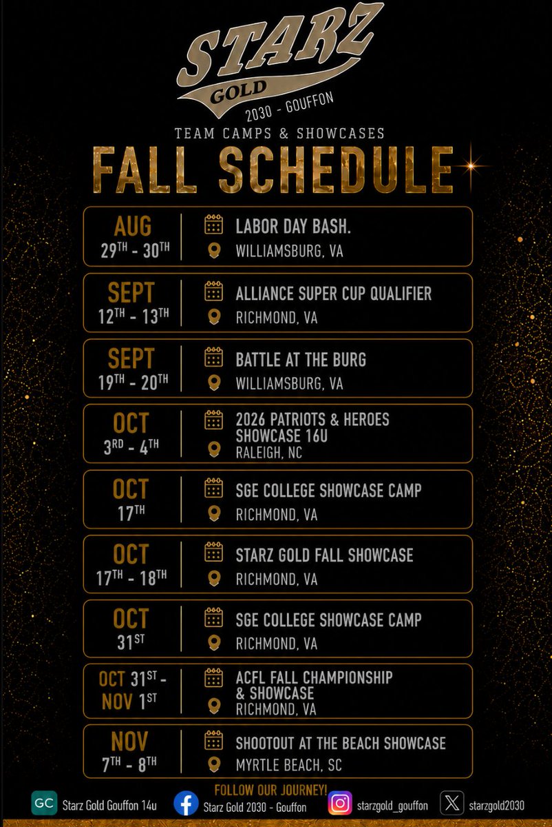 StarzGold2030's tweet photo. 🥎 Fall 2026 Schedule Released! 🖤💛

We're excited to get back on the field this fall and continue competing, developing, and growing together.

Check out our schedule below and come support the girls!

#TravelSoftball #FallBall #NextLevel https://t.co/l6Y4IvsYeZ