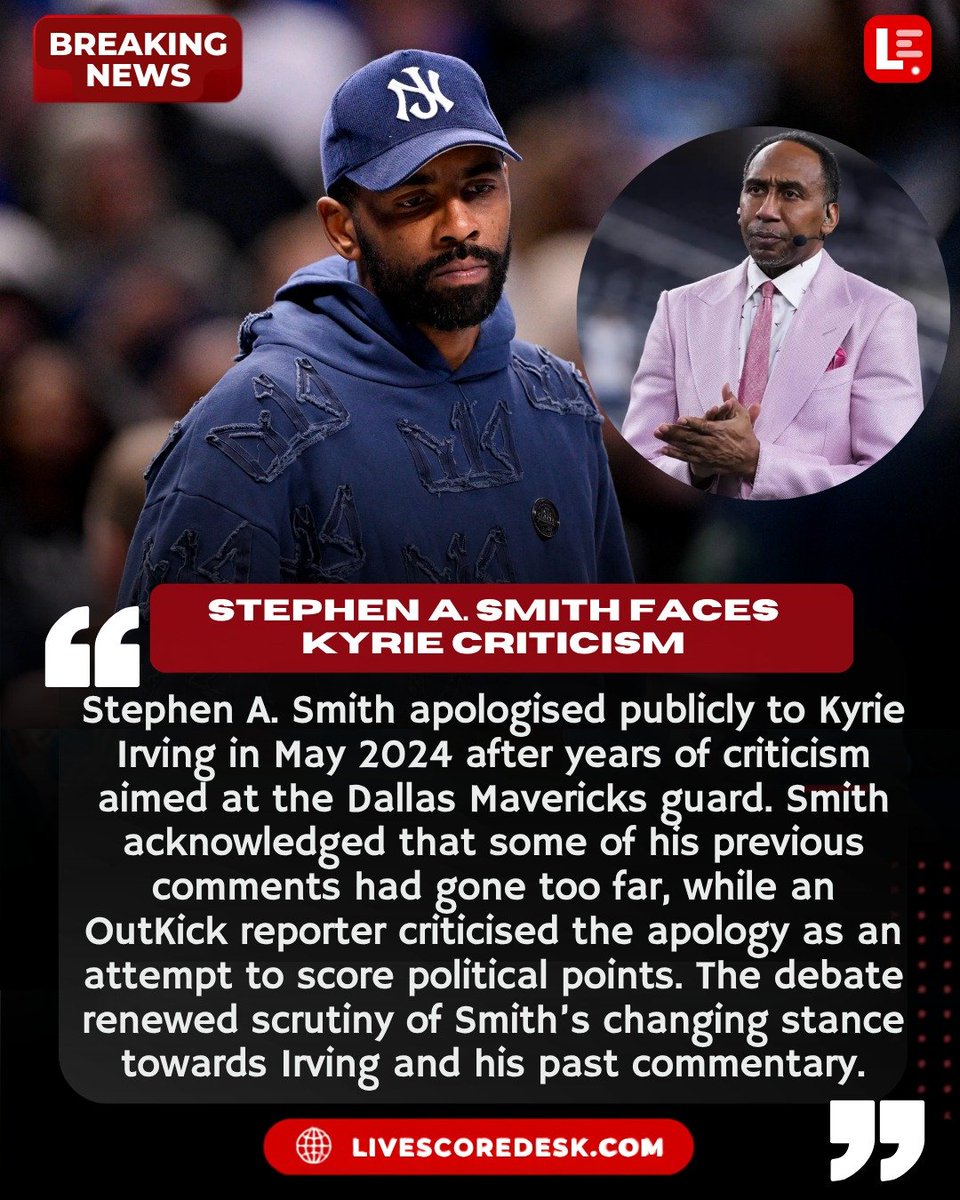 Livescoredesk's tweet photo. Stephen A. Smith apologised to Kyrie Irving over past NBA criticism..

updates at https://t.co/poAYjl0c0J 🌐

Stephen A. Smith Kyrie Irving · Kyrie Irving NBA · Stephen A. Smith apology · NBA 

#StephenASmith
#BasketballNews
#KyrieIrving
#NBAMediaControversy
#LiveScoreDesk https://t.co/kvBLT9V1m4