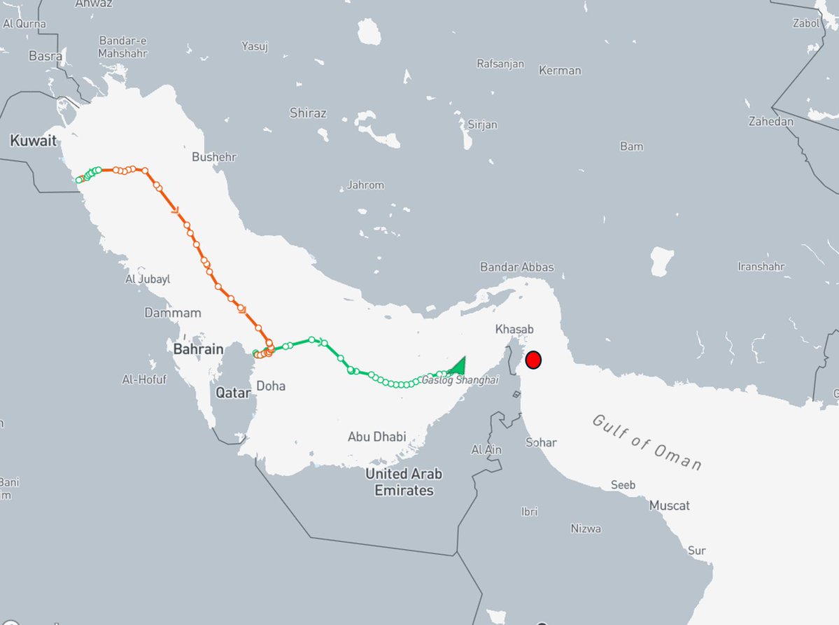 anasalhajji's tweet photo. ✴️Why LNG? I thought LNG carriers were a red line—until they got hit.

✴️A Greek tanker loaded with Qatari LNG crossed the Strait of Hormuz overnight with its AIS turned on… and was struck (where the red circle is).

✴️Two days earlier, another Qatari LNG tanker approached Port Qasim to deliver cargo to Pakistan, then suddenly made a U-turn for unknown reasons.
Link: https://t.co/vgmDnv8yTE

🔴The LNG war is real. Just days ago, two LNG regasification ships were hit by drones at the Damietta LNG terminal in Egypt.