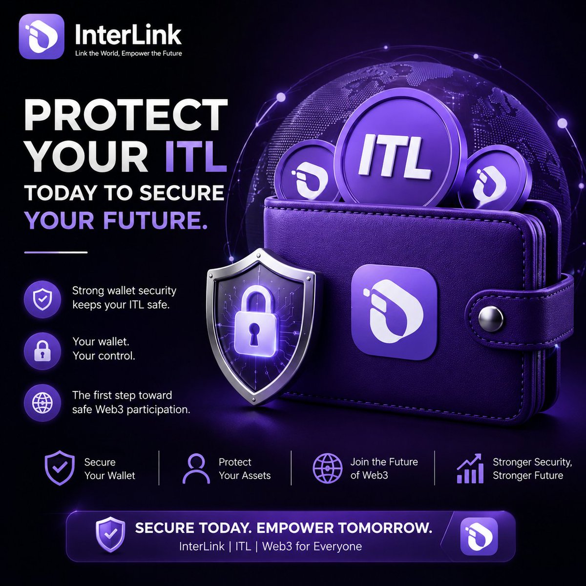 coinminnerbd's tweet photo. Protect your ITL today to secure your future. Strong wallet security is the first step toward safe Web3 participation. 🔐💜

 #InterLink #ITL #ITLG https://t.co/NkR4gCz5Qf