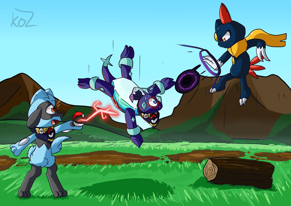 KOZZA2004's tweet photo. "RUBY COME BACK!!" 

their first battle together. I wonder how they would use pokeball in a battle in a PMD world?

https://t.co/p3Zf6KHzrx

#pokemon #pokemonart #pokemonmysterydungeon #PMD #PMDart #pokemonbeyond #riolu #sneasel #terapagos #art #fanart https://t.co/x8mfWXleCo