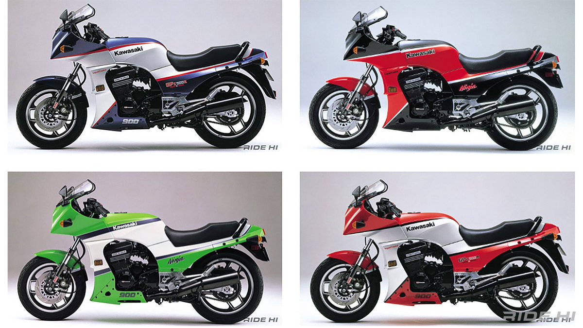 PutiMotor's tweet photo. '83〜'02 カワサキ「GPZ900R」

2輪では初の4気筒を非対称とするレイアウトに決定、フルカウルの側面をエンジンが見えるようにカムチェーントンネルの形状に合わせてクリ抜き、左右で違う違和感をアピール。

900ccながら115PSで250km/hのトップスピードと0-400mを10.976秒のパフォーマンスに、世界は湧き上がった。

1990年のA7から前輪を16インチから当時一般化していた17インチへと変更、後輪も18インチながらワイド化。

しかし、エンジンや車体に外観という基本は全く変えずに生き存え、累計生産数80,000台以上の歴史に残る名車となった。

https://t.co/tEs5j7EgqK