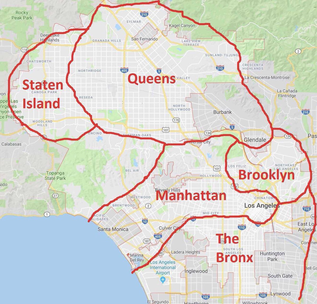 _KennyUong_'s tweet photo. Reminded me of this New Yorker’s guide to LA map from years ago https://t.co/dKmcxyr70f