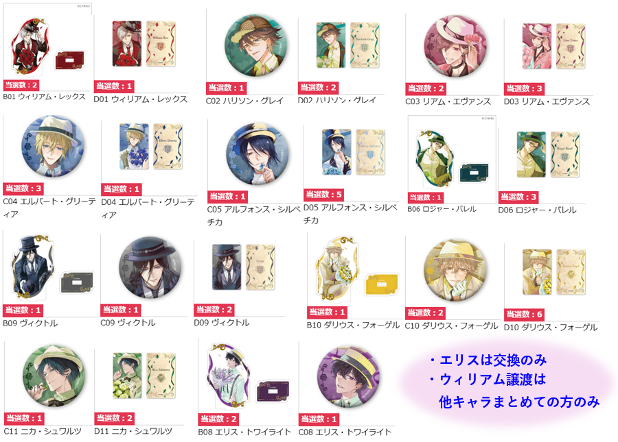 0saidayo's tweet photo. 交換　譲渡
イケメンヴィラン Promise Bouquetくじ ちゃれくじ イケヴィラ

譲：ロジャー、アルフォンス、エルバート、リアム、ニカ、ハリソン、ヴィクトル、ダリウス
求：ジュード＞定価＋送料

※買取はキャラごと纏めてのみ
※エリス・ウィリアムは記載の通り

検索からでもお声がけください https://t.co/cJM9omRXbs