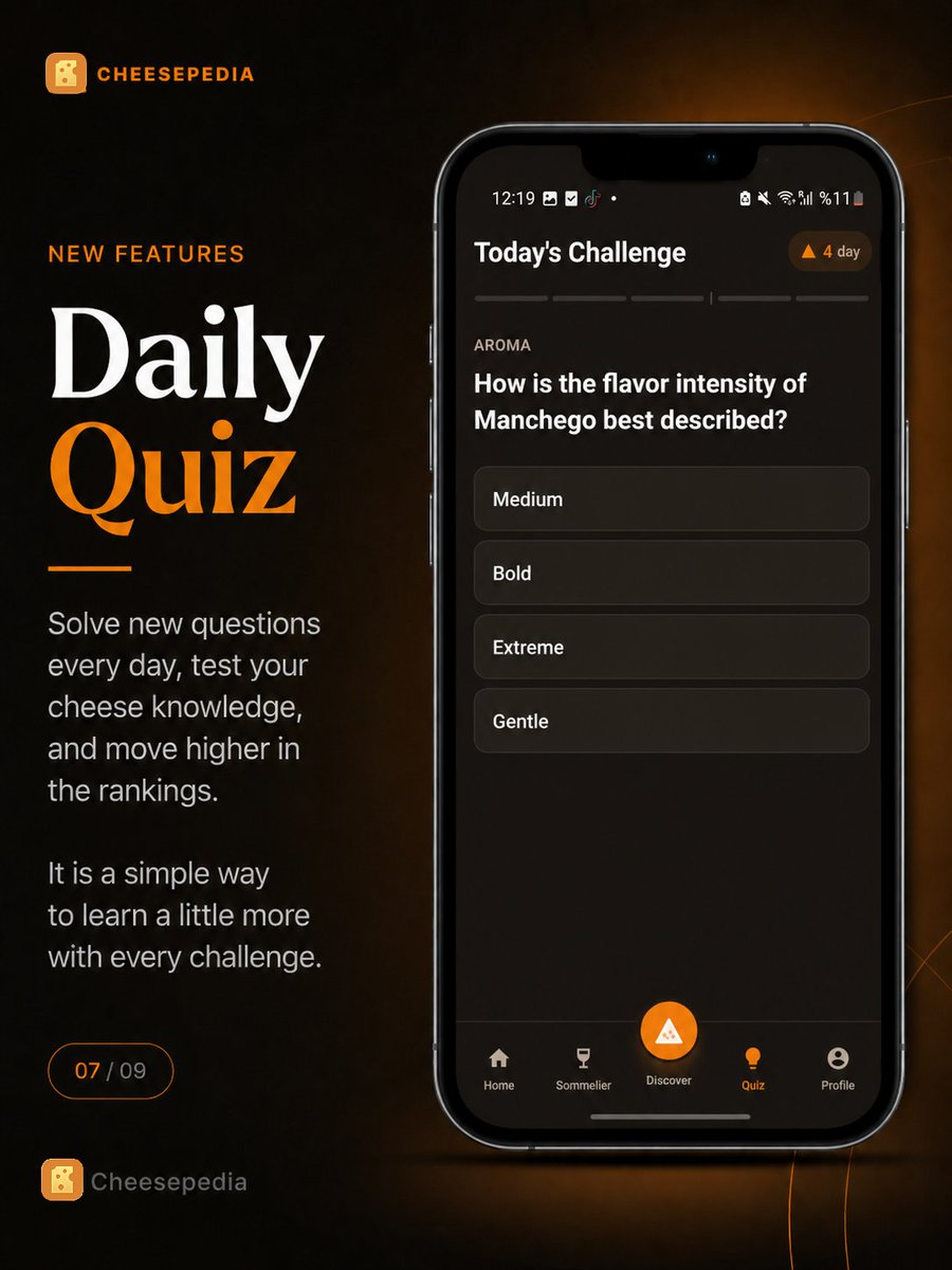 Cheesepedia_app's tweet photo. Meet the latest Cheesepedia update 🧀🍷

You can now scan any wine bottle, explore its origin and taste architecture, and instantly discover the cheeses that pair with it best.

Already have cheese at home? Use Pair What You Have to find suitable wines or check how well your existing bottle matches your cheese board.

We have also added:

✨ Daily cheese quizzes
✨ Instant explanations after every answer
✨ More personalized recommendations based on your milk-type preferences
✨ Cheese-by-cheese pairing analysis
✨ Curated matches from the Cheesepedia database
Discover smarter pairings, learn something new every day, and build a cheese experience shaped around your taste.
Which new feature will you try first?
#Cheesepedia #CheeseLovers #WinePairing #CheeseAndWine #WineLovers #FoodApp #Sommelier #CheeseBoard #FoodDiscovery #NewFeatures #AppUpdate #GourmetExperience