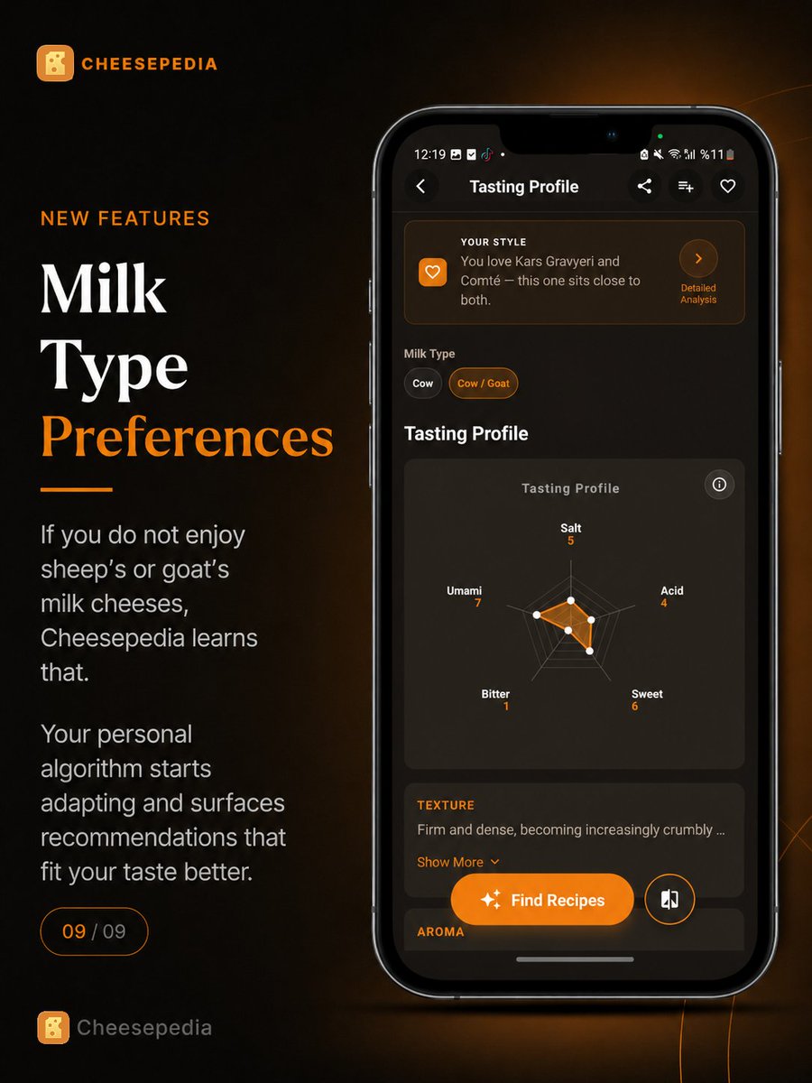Cheesepedia_app's tweet photo. Meet the latest Cheesepedia update 🧀🍷

You can now scan any wine bottle, explore its origin and taste architecture, and instantly discover the cheeses that pair with it best.

Already have cheese at home? Use Pair What You Have to find suitable wines or check how well your existing bottle matches your cheese board.

We have also added:

✨ Daily cheese quizzes
✨ Instant explanations after every answer
✨ More personalized recommendations based on your milk-type preferences
✨ Cheese-by-cheese pairing analysis
✨ Curated matches from the Cheesepedia database
Discover smarter pairings, learn something new every day, and build a cheese experience shaped around your taste.
Which new feature will you try first?
#Cheesepedia #CheeseLovers #WinePairing #CheeseAndWine #WineLovers #FoodApp #Sommelier #CheeseBoard #FoodDiscovery #NewFeatures #AppUpdate #GourmetExperience