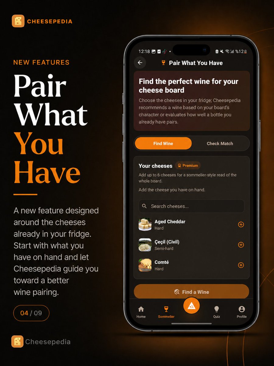 Cheesepedia_app's tweet photo. Meet the latest Cheesepedia update 🧀🍷

You can now scan any wine bottle, explore its origin and taste architecture, and instantly discover the cheeses that pair with it best.

Already have cheese at home? Use Pair What You Have to find suitable wines or check how well your existing bottle matches your cheese board.

We have also added:

✨ Daily cheese quizzes
✨ Instant explanations after every answer
✨ More personalized recommendations based on your milk-type preferences
✨ Cheese-by-cheese pairing analysis
✨ Curated matches from the Cheesepedia database
Discover smarter pairings, learn something new every day, and build a cheese experience shaped around your taste.
Which new feature will you try first?
#Cheesepedia #CheeseLovers #WinePairing #CheeseAndWine #WineLovers #FoodApp #Sommelier #CheeseBoard #FoodDiscovery #NewFeatures #AppUpdate #GourmetExperience