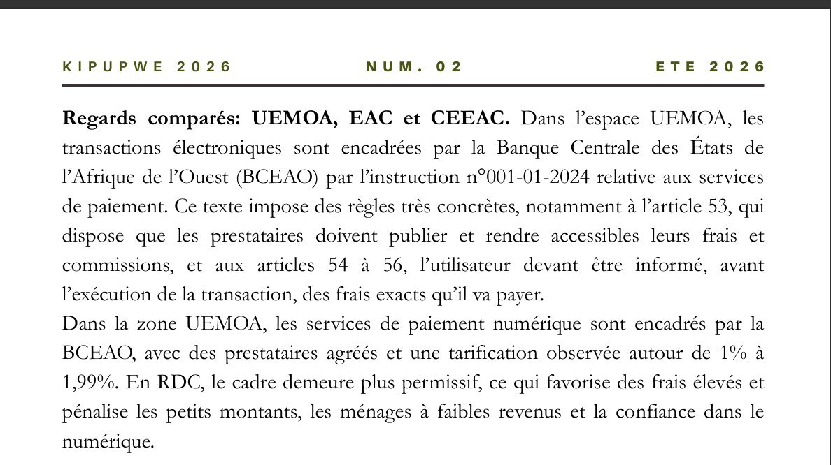Ibandagrace's tweet photo. J’ai le plaisir de vous annoncer la publication de mon article intitulé : « Mobile Money en République démocratique du Congo : quand l’absence de régulation tarifaire fragilise le consommateur », dans le numéro 2 de la revue scientifique La Gazette de l’APIA.

Cet article est disponible dans la rubrique « Lisoro-Débat », à la page 17 de cette édition.

À travers cette réflexion, j’analyse les enjeux liés au Mobile Money en RDC, notamment les défis de la régulation tarifaire et la protection du consommateur dans un environnement numérique en pleine évolution.

Pour celles et ceux qui souhaitent découvrir l’intégralité de l’article publié dans La Gazette de l’APIA, nous vous invitons à nous contacter.
@TSayiba @YNdjoli @FannyKaj1 @leParrainRDC @seigneurCHRIS01 
@african_desk @CongoTradeS @PSTFoundation_ @CWEICofficial @AfCFTA @afreximbank @_AfricanUnion @jumuiya 
 @econonumerique