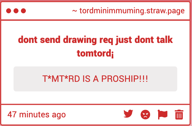 tordminimumingg's tweet photo. yes! shipping 2 innocent cishet guys who treat each other as brothers IS problematic! it's like shipping siblings together! i agree with you anon
#antitomtordsquad https://t.co/ChiU57htog