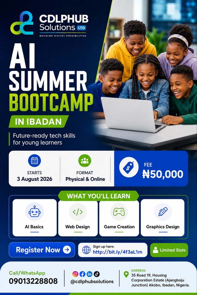 cdlphubsolution's tweet photo. 🚀 Monday, August 3rd is almost here!

Give your child a head start with our AI Summer Bootcamp.

📅 Starts 3 Aug
👥 Ages 10–25
📞 09013228808

#AISummerBootcamp #KidsInTech #Ibadan https://t.co/A7VnVpJYjO