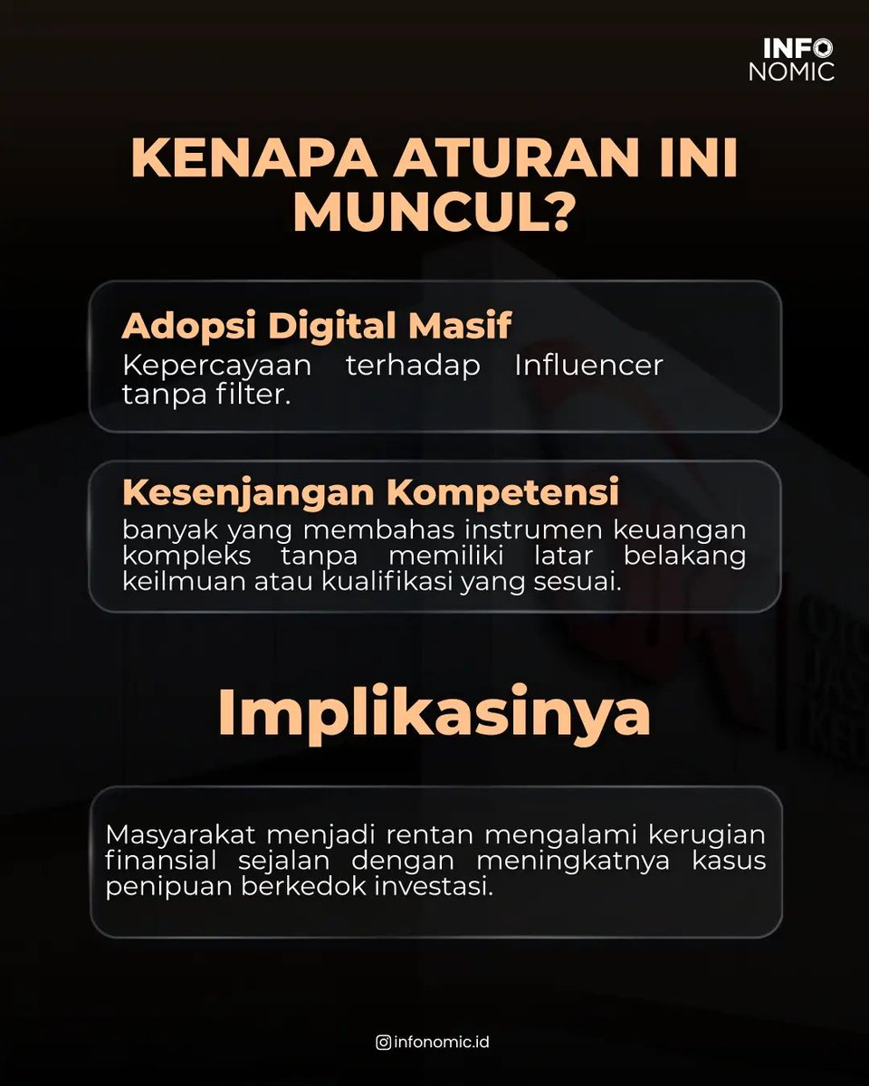 Infonomic_id's tweet photo. Denda Rp15 Miliar Buat Influencer Keuangan? 🚨

Aturan baru POJK Nomor 6 Tahun 2026 (disahkan &amp; mulai berlaku 24 Juni 2026) resmi memperketat aktivitas finfluencer. https://t.co/pD3PL1VhKj