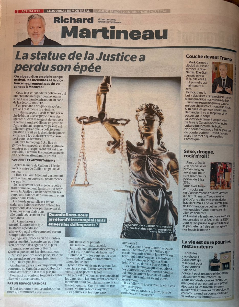 Patrickdery's tweet photo. En page 3, baisse du nombre de meurtres à Montréal, attribuée à une approche moins punitive et une hausse de la prévention.

En page 6, on déplore la complaisance de la justice face aux « incivilités et la violence ».

Des fois, j’aimerais que les chroniqueurs lisent leur propre journal.

PS. Ça fait des décennies qu’on sait non seulement que la répression bête ne fonctionne pas, mais qu’elle tend à favoriser plus de violence à long terme. Re: les États-Unis.

PPS. Sur 30 ans, la criminalité est en forte baisse partout au pays. Ici aussi.
