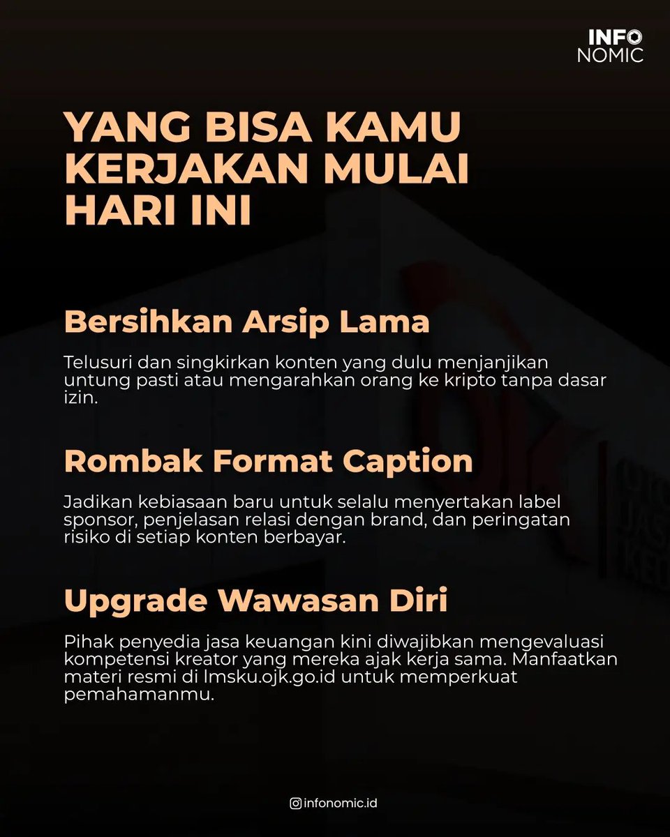 Infonomic_id's tweet photo. Konten berunsur Edukasi wajib menyertakan disclaimer risiko, Promosi harus transparan dengan lembaga berizin, dan Rekomendasi Beli wajib memiliki lisensi/sertifikasi resmi. https://t.co/Ic7IdmvvMS