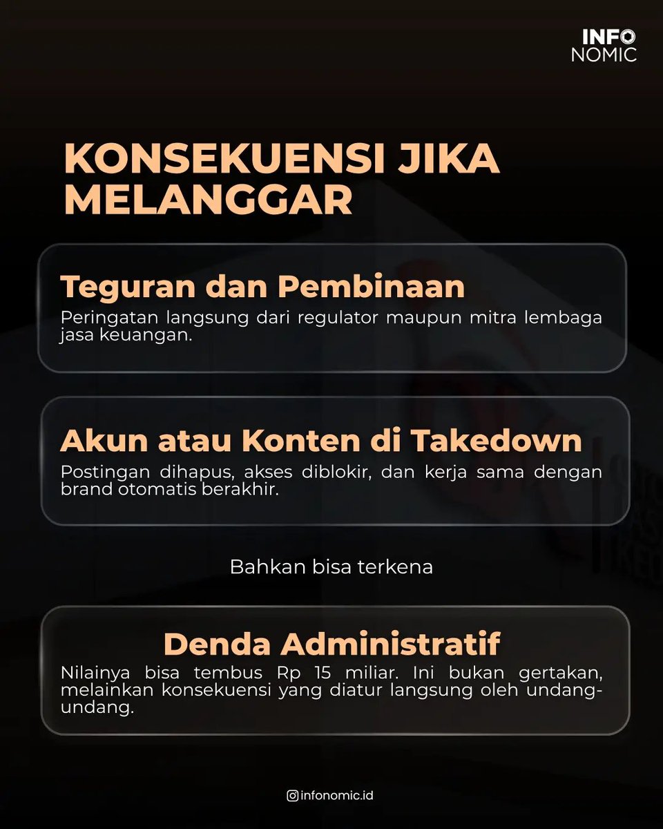 Infonomic_id's tweet photo. Konten berunsur Edukasi wajib menyertakan disclaimer risiko, Promosi harus transparan dengan lembaga berizin, dan Rekomendasi Beli wajib memiliki lisensi/sertifikasi resmi. https://t.co/Ic7IdmvvMS