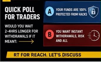 Markettruthbyab's tweet photo. Quick poll for traders 👇
Would you wait 2-4hrs longer for withdrawals if it meant:
A) Your funds are 100% protected from hacks
B) You want instant withdrawals, risk and all
RT for reach. Let's discuss
#Forex #FPMarkets #Exness https://t.co/SL9TBbfeOv