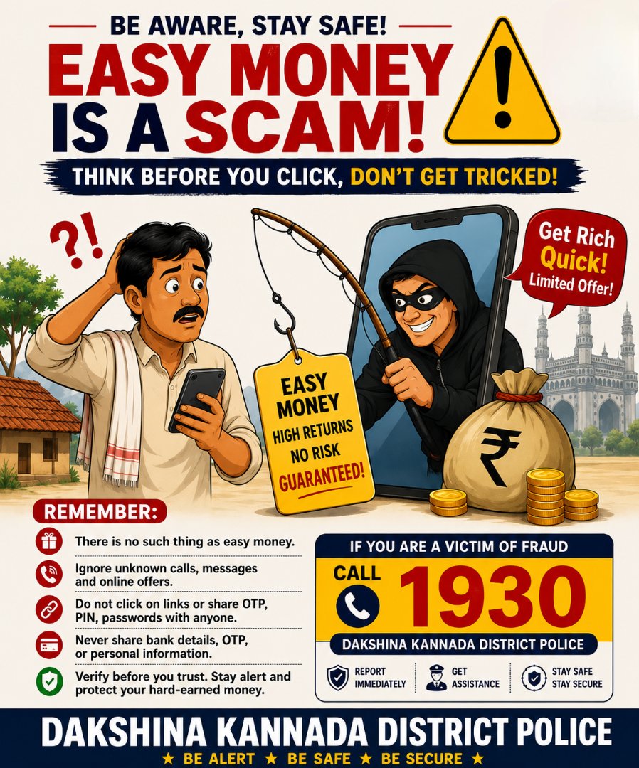 spdkpolice's tweet photo. Easy Money is a Scam,
Think before You Click, Don't Get Tricked.
@KarnatakaCops
#beaware
#BeSmart
#besafe
#BeAlert https://t.co/fUXeH4HNP7