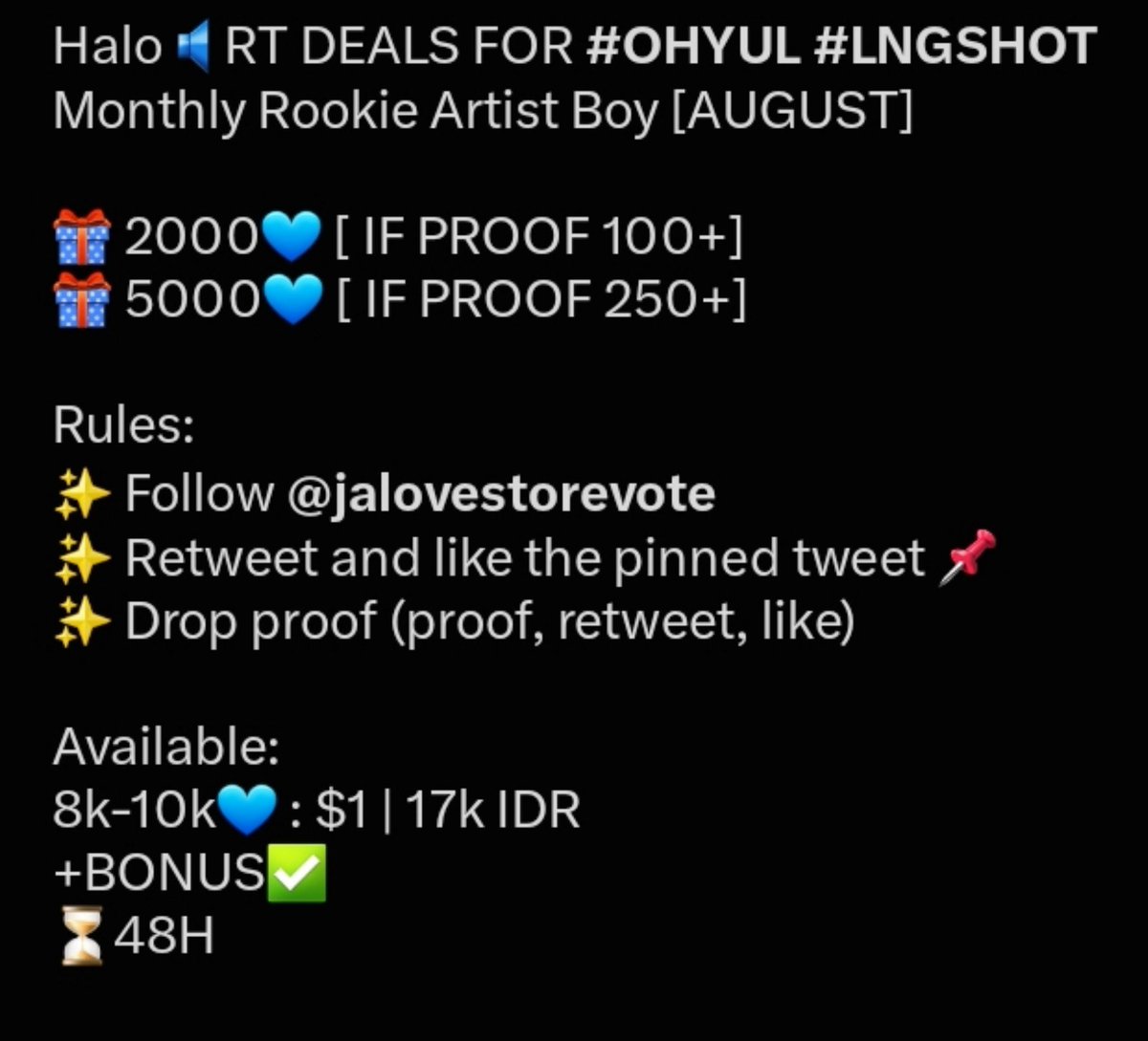 valuasweetness's tweet photo. RT DEALS FOR #OHYUL #LNGSHOT
Monthly Rookie Artist Boy [AUGUST]

🎁 2000💙 [ IF PROOF 100+]
🎁 5000💙 [ IF PROOF 250+]

Rules:
✨ Follow @jalovestorevote
✨ Retweet and like the pinned tweet
✨ Drop proof (proof, retweet, like)

Available:
8k-10k💙 : $1 | 17k IDR
+BONUS✅
⏳48H https://t.co/w0xBziSWBa