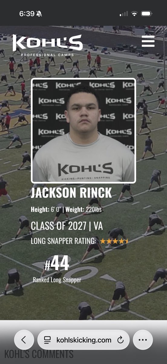 jacksonrinck's tweet photo. Thank you to @KohlsSnapping and Coach @Coach_Casper for an outstanding National Invitational Scholarship Camp in Gatlinburg, TN and for the updated rankings! Honored and excited to earn a ⭐️⭐️⭐️⭐️½ (4.5-Star) rating and a national ranking. https://t.co/fHSkbDFqdB

A huge thank you to @SpecialTeamsU Coach and Mentor @_NickLevy for an incredible year of training, pushing me to improve every day. Your guidance, knowledge, and belief in me has made all the difference. #AGTG #LongSnapper #ClassOf2027 

@yates_nathan 
@MVHS_SPORTS 
@TheViewFootball 
@NewsInTheBurg 
@WillVapreps 
@FLSVarsity